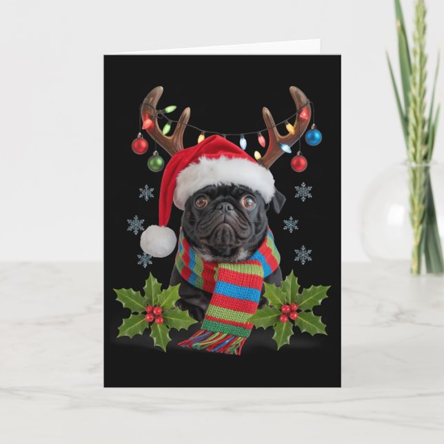 Christmas Pug With Antlers Santa Hat Cozy Scarf De Card (Front)