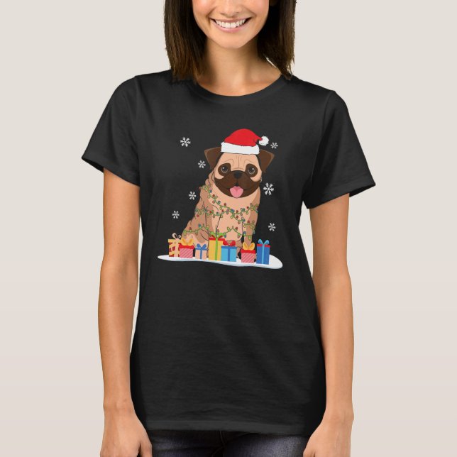 Christmas Pug With Christmas Tree Lights & Santa H T-Shirt (Front)