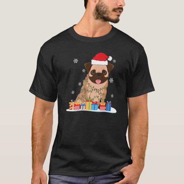 Christmas Pug With Christmas Tree Lights & Santa H T-Shirt (Front)