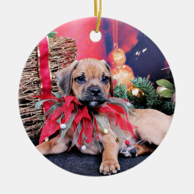 Christmas - Puggle - Gus Ceramic Ornament (Front)