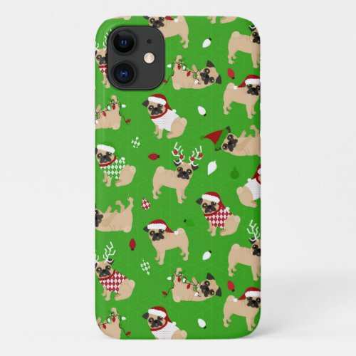 Christmas Pugs Green iPhone 11 Case