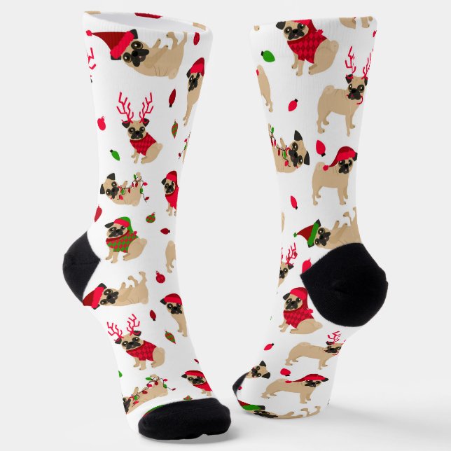 Christmas Pugs White Socks (Angled)