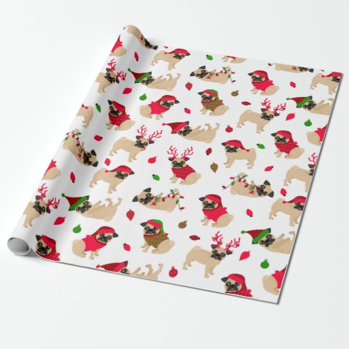 Christmas Pugs White Wrapping Paper