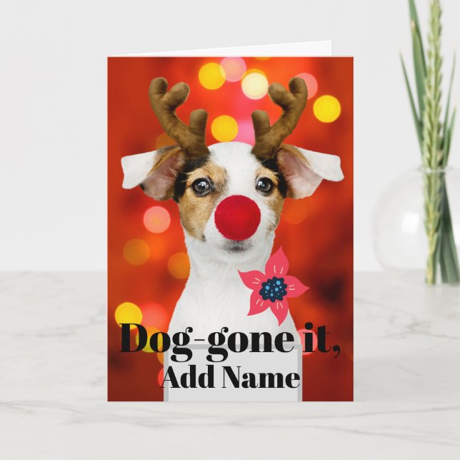 Christmas Pup Antlers Add Name Holiday Card (Front)