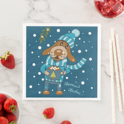 Christmas Pup Cute Blue Paper Napkins