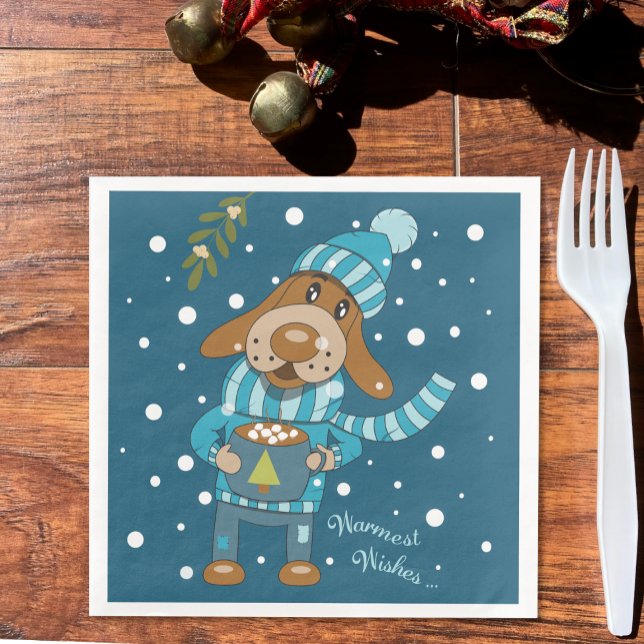 Christmas Pup Cute Blue Paper Napkins (Holiday blue napkins with an adorable dog drinking hot cocoa . )
