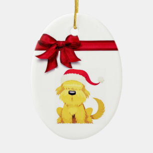 ***CHRISTMAS PUP W/ BRIGHT RED BOW*** CERAMIC ORNAMENT