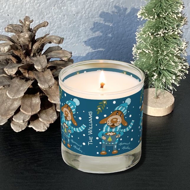 Christmas Pup with Cocoa Mug  Scented Jar Candle (Whimsical dog sipping hot cocoa Christmas scented jar candle .)