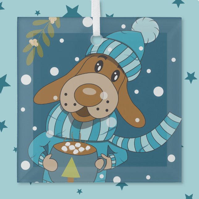Christmas pup with hot cocoa glass ornament (Cartoon dog Christmas blue glass ornament .)