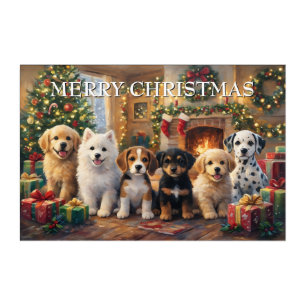 Christmas Puppies by Fireplace and Decorated Tree Acrylic Print