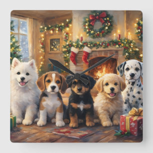 Christmas Puppies by Fireplace and Decorated Tree Square Wall Clock
