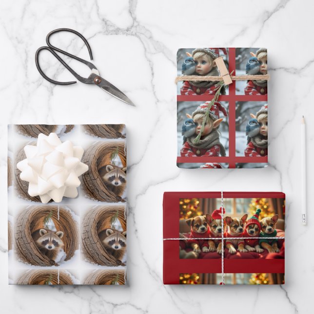 Christmas puppies, raccoon, Elf Wrapping Paper Sheets (Front)