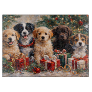 Christmas Puppies with Gifts Under Decorated Tree Cutting Board