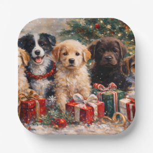 Christmas Puppies with Gifts Under Decorated Tree Paper Plates