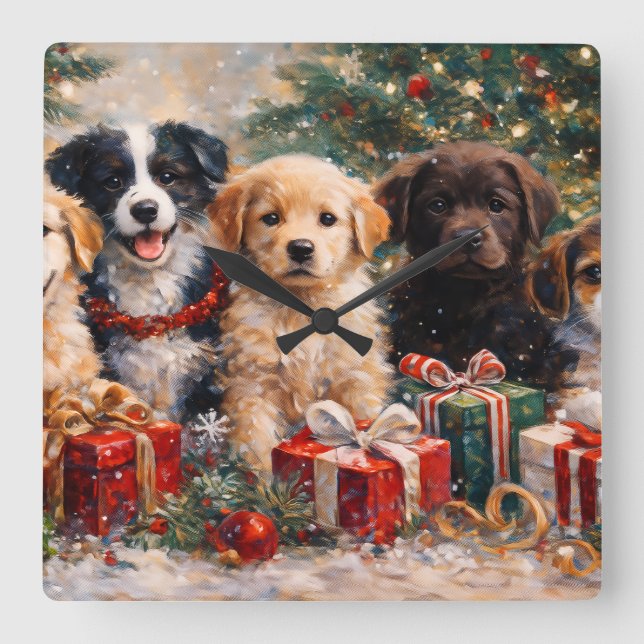 Christmas Puppies with Gifts Under Decorated Tree Square Wall Clock (Front)