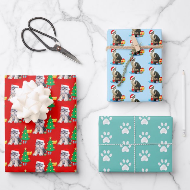 Christmas puppy dog, carol cat & paws wrapping paper sheets (Front)