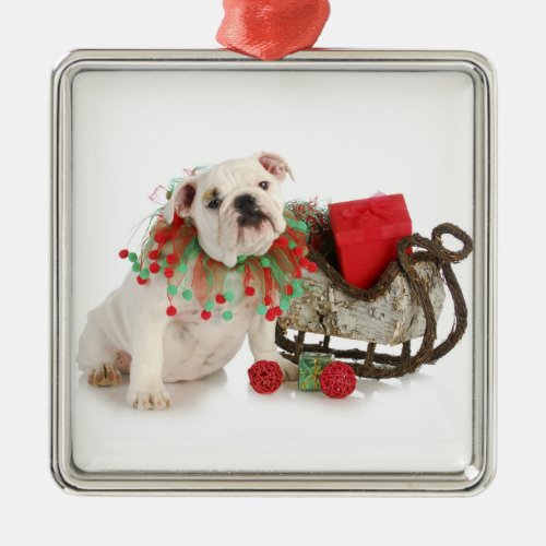 Christmas Puppy _ English Bulldog Puppy Sitting Metal Ornament