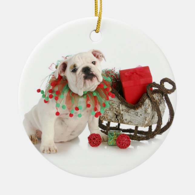 Christmas Puppy - English Bulldog Puppy Sitting Metal Ornament (Front)