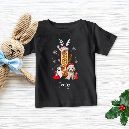 Christmas Puppy Gingerbread Name Letter I Boy  Baby T_Shirt