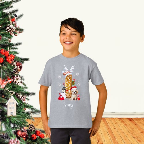 Christmas Puppy Gingerbread Name Letter I Boy  T_Shirt