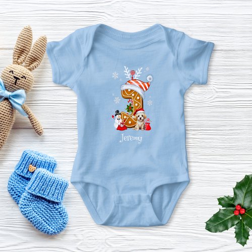 Christmas Puppy Gingerbread Name Letter J Boy  Baby Bodysuit