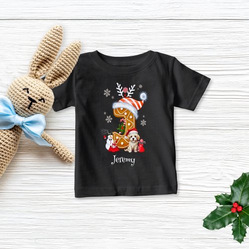 Christmas Puppy Gingerbread Name Letter J Boy   Baby T_Shirt