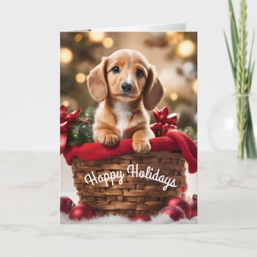Christmas puppy in a basket holiday card Doxie