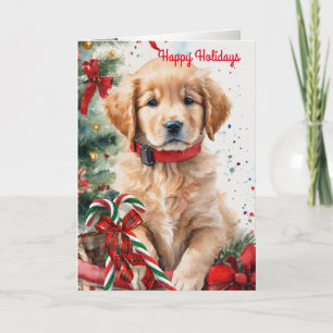 Christmas puppy in a basket holiday card "Golden "