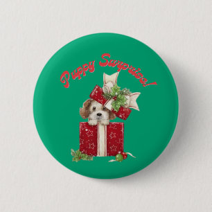 Christmas Puppy in Gift Box Holiday Surprise Button