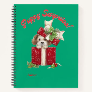 Christmas Puppy in Gift Box Holiday Surprise Notebook