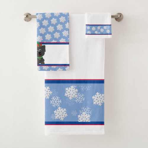 Christmas Puppy on Blue with White Snowflakes Bath Towel Set