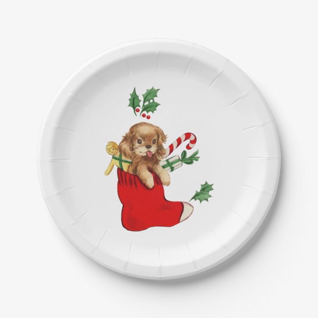 Christmas Puppy Retro Paper Plates (Front)