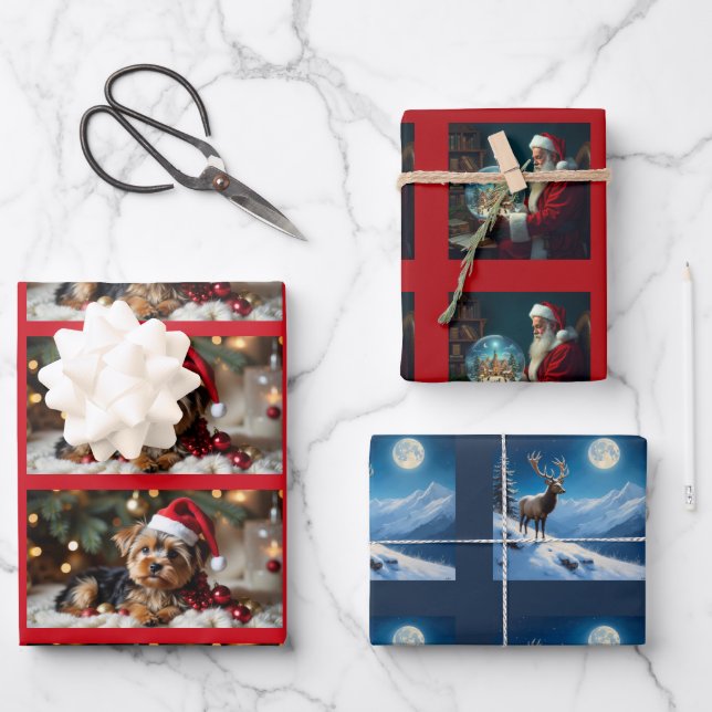 Christmas Puppy, Santa, Reindeer Wrapping Paper Sheets (Front)