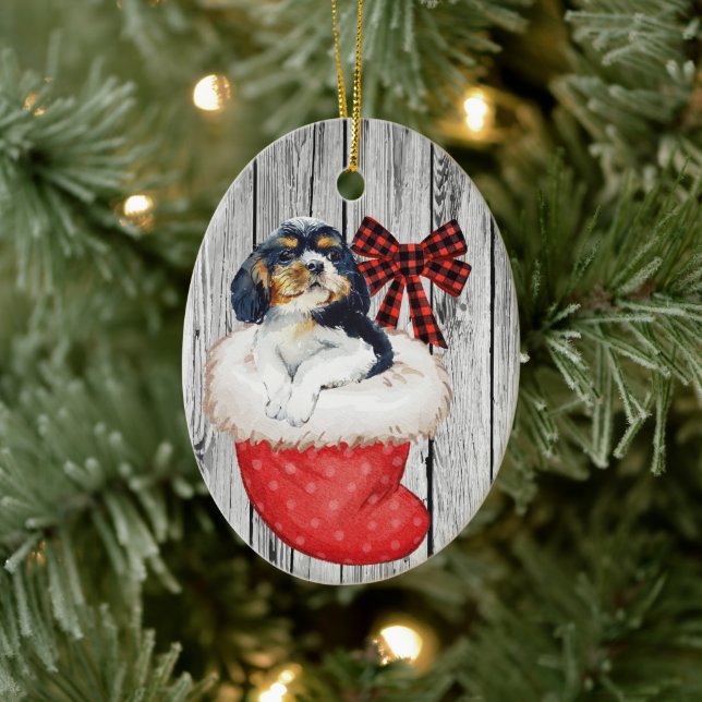Christmas Puppy Spaniel in Stocking on Wood Ceramic Ornament (Tree)