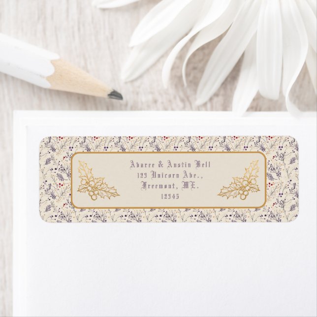 Christmas Purple Floral Background Gold Holly Label (Insitu)
