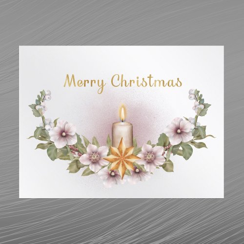 Christmas Purple Floral Star Candle Watercolor Holiday Postcard