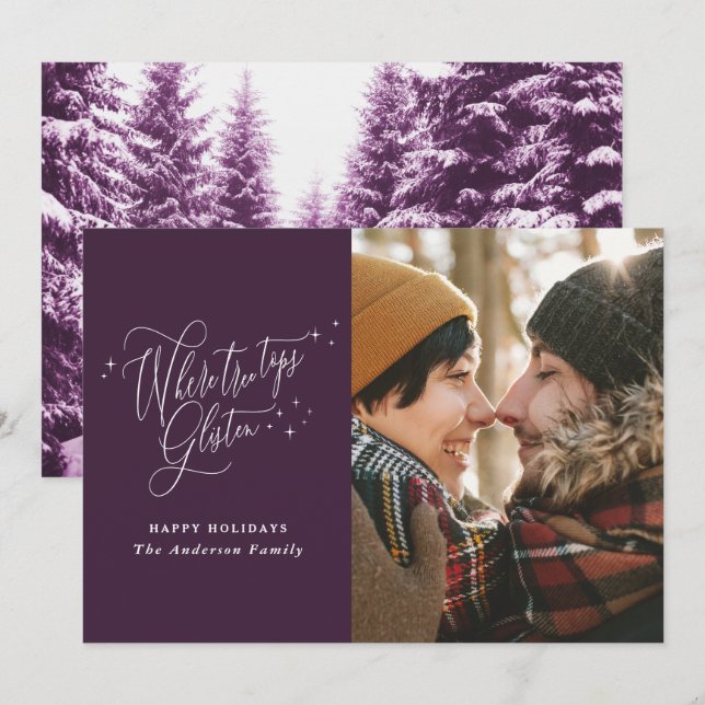 Christmas purple modern script winter forest photo holiday card (Front/Back)
