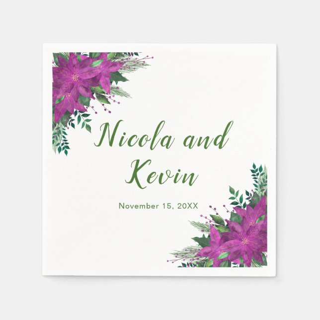 Christmas Purple Poinsettia Flowers Wedding Napkins (Front)