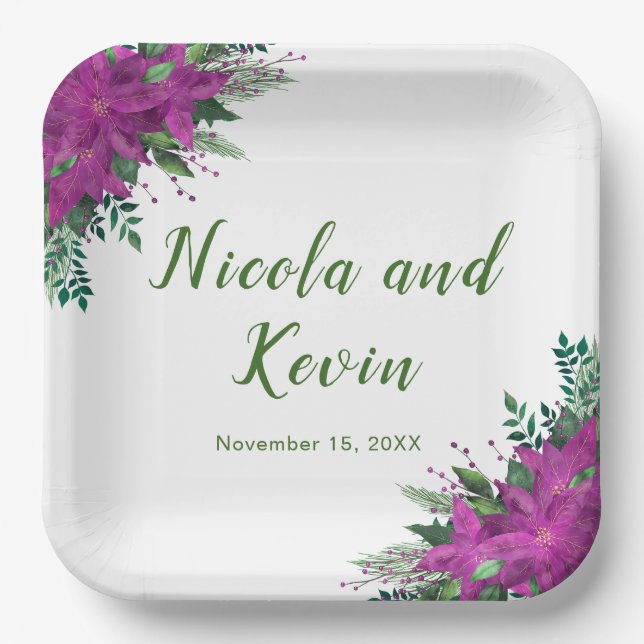 Christmas Purple Poinsettia Flowers Wedding Paper Plates (Front)