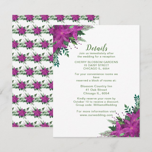 Christmas Purple Poinsettia Wedding Details Enclosure Card (Front/Back)