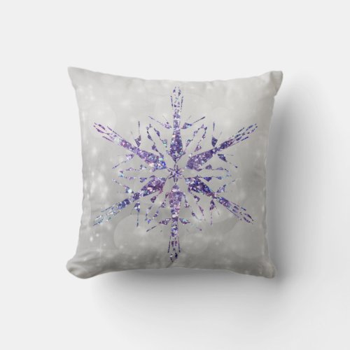 Christmas Purple Snowflake Sparkle Silver Throw Pillow