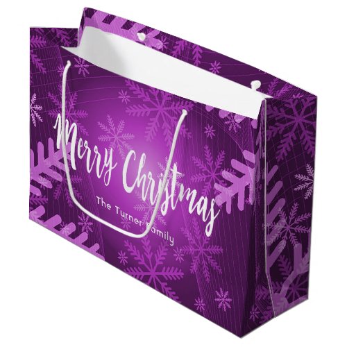 Christmas purple snowflakes family name large gift bag