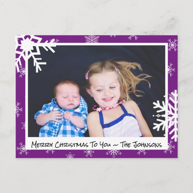 Christmas Purple Snowflakes Family Photo Card (Front)