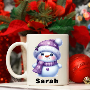 Christmas Purple Snowman Custom Name Coffee Mug