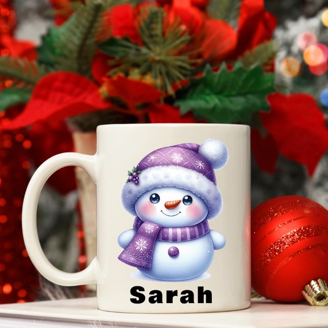 Christmas Purple Snowman Custom Name Coffee Mug (Christmas Purple Snowman Custom Name Coffee Mug)