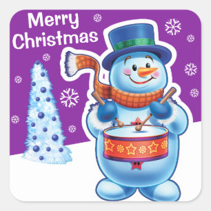 Christmas purple square sticker Snowman drummer.