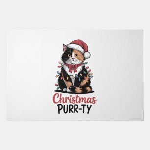 Christmas Purr-ty Cat Wrapped in Christmas Xmas Doormat