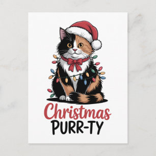 Christmas Purr-ty Cat Wrapped in Christmas Xmas Invitation Postcard