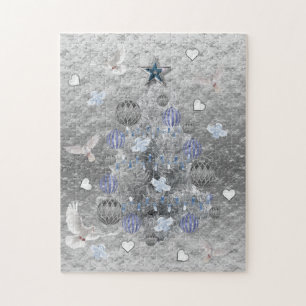 Christmas Puzzle Blue Silver Tree