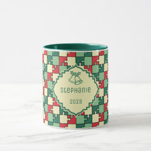 Christmas Puzzle Pieces Geometric Pattern Name Mug